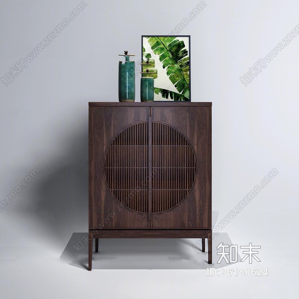 新中式胡桃木装饰柜摆件组合3D模型下载【ID:96180624】