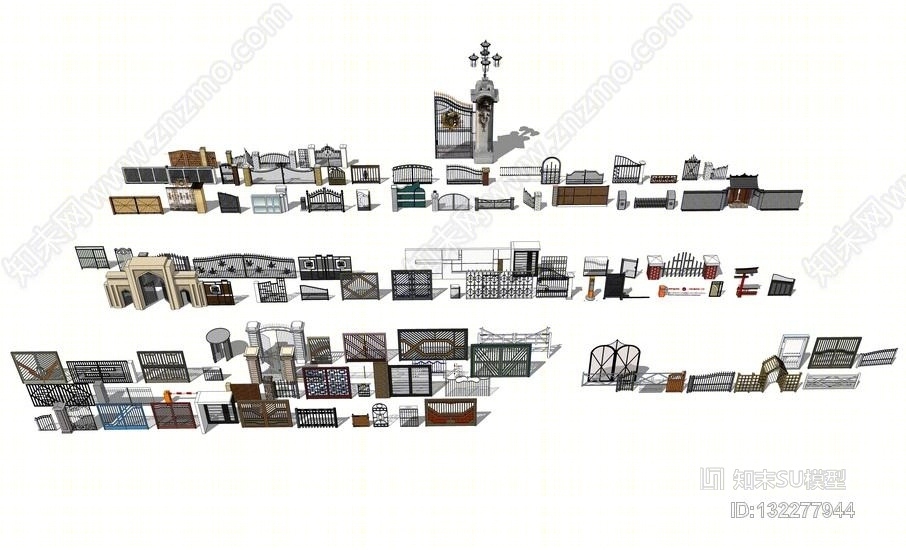 围墙铁艺大门组合SU模型下载【ID:132277944】