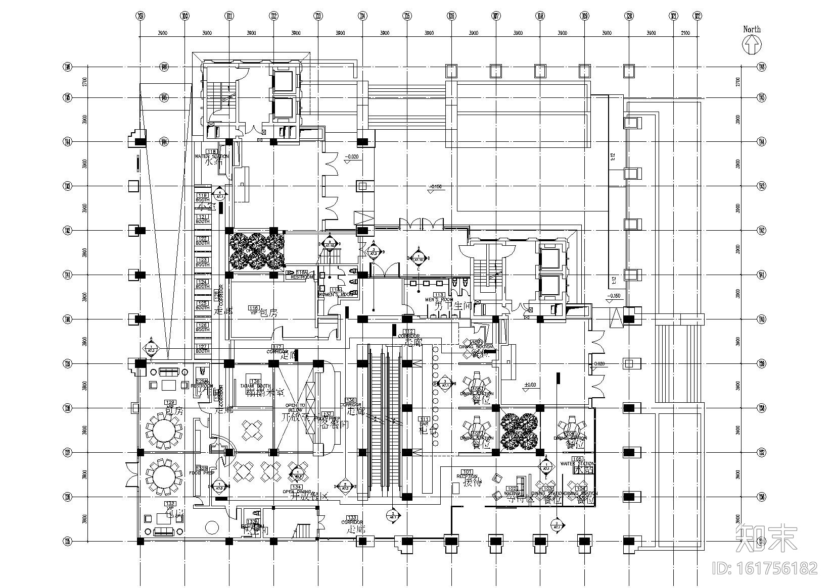 [北京]中国新理念餐厅室内装饰设计施工图cad施工图下载【ID:161756182】