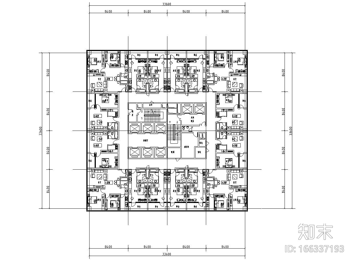 二房二厅公寓户型平面图施工图下载【ID:166337193】