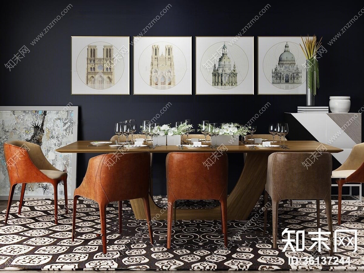 现代餐桌椅餐具装饰画组合3D模型下载【ID:36137244】