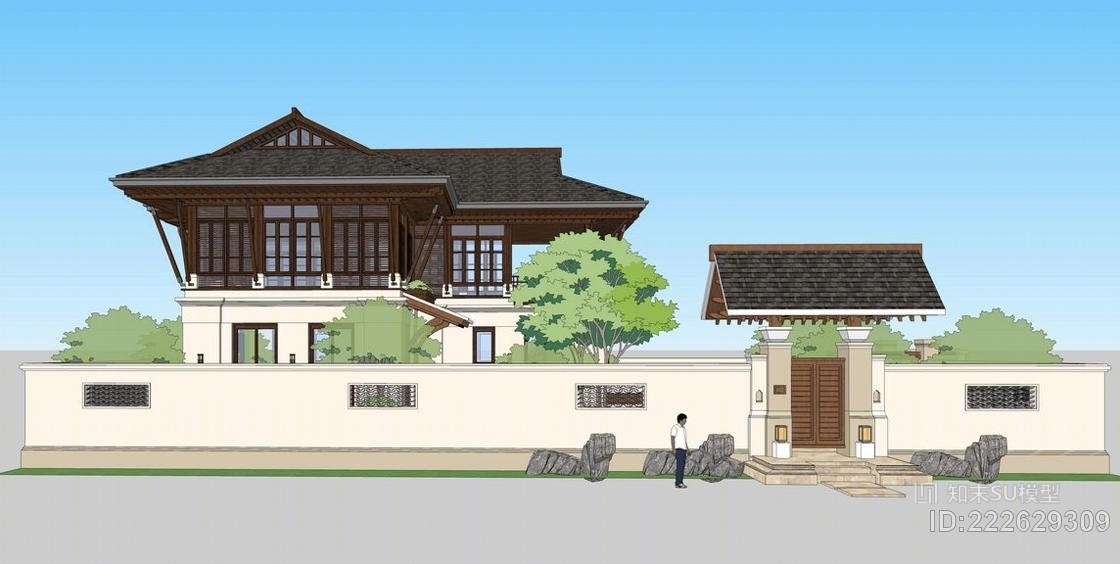 东南亚风格独栋别墅SU模型下载【ID:222629309】