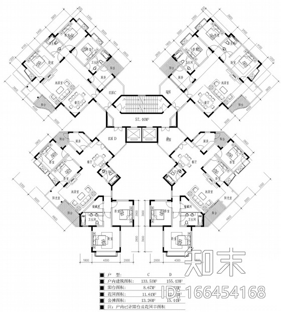 塔式高层一梯四户户型图(134/134/155/155)cad施工图下载【ID:166454168】