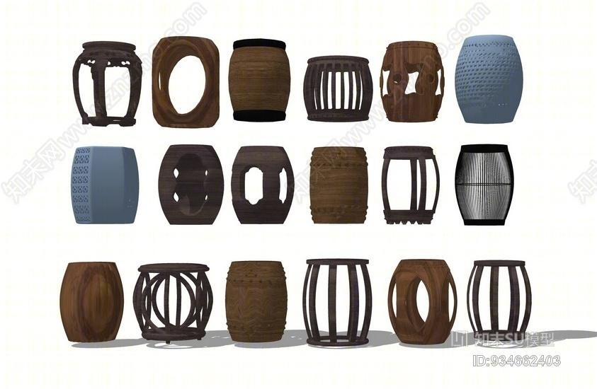 中式鼓凳组合SU模型下载【ID:934662403】