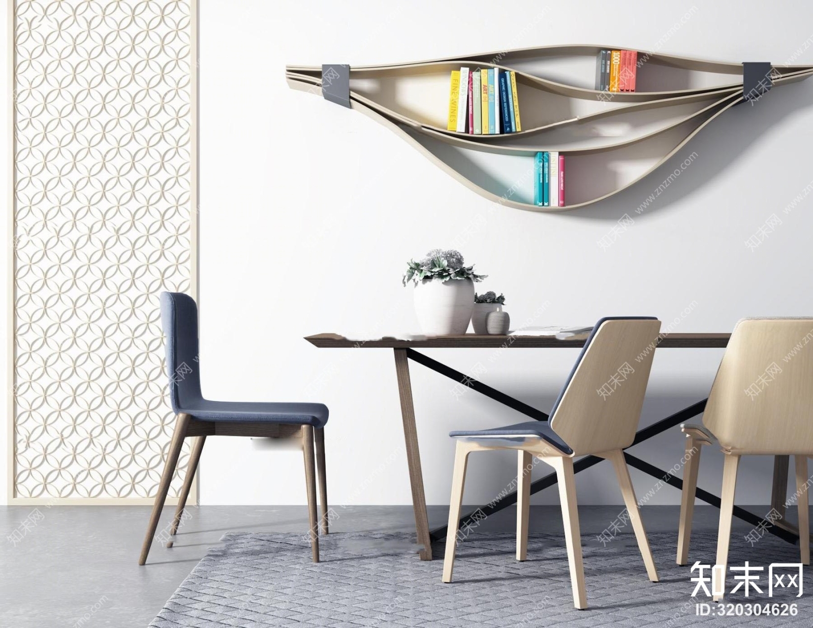 现代实木桌椅装饰架书籍陶瓷花瓶组合3D模型下载【ID:320304626】
