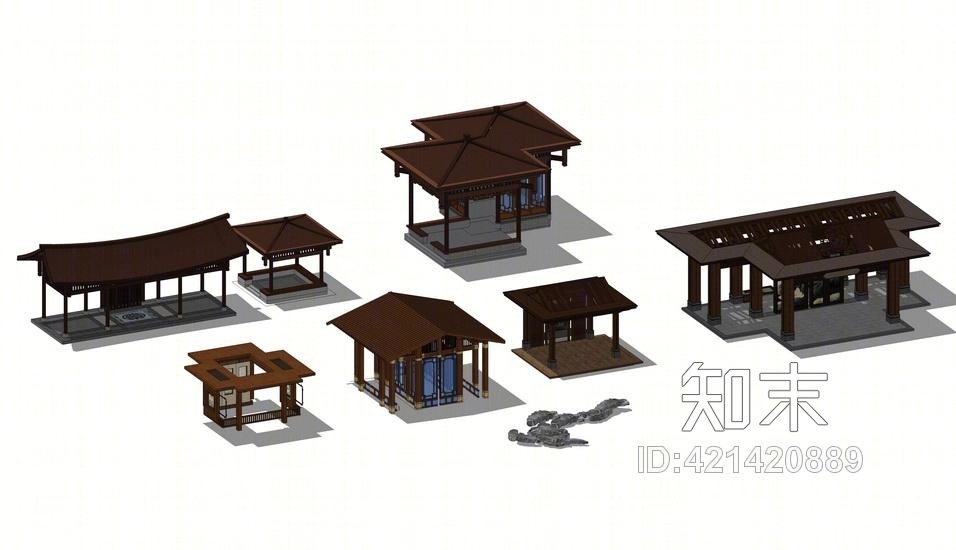 中式亭子汉式亭子唐代亭子组合SU模型下载【ID:421420889】
