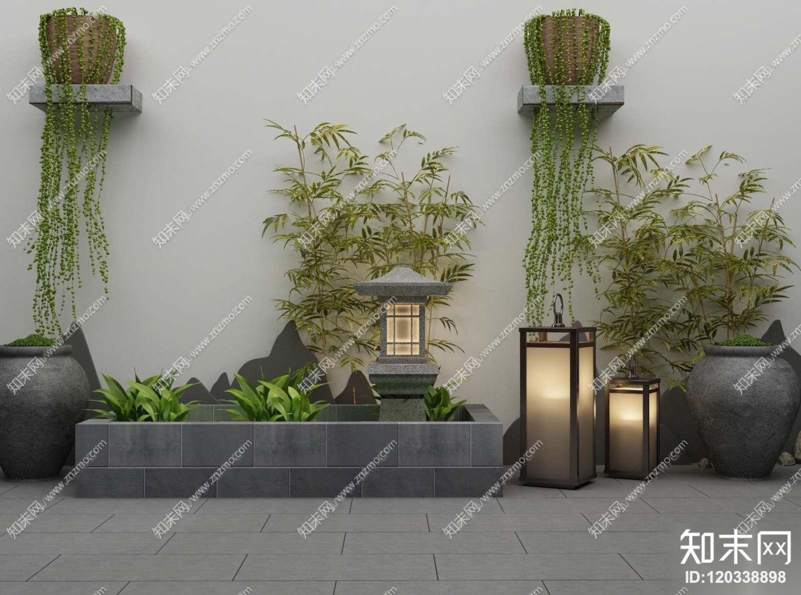 新中式花圃灯具植物组合3D模型下载【ID:120338898】