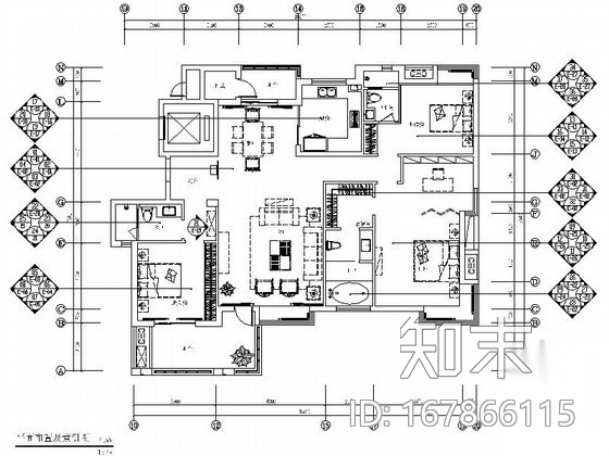 新中式三居室内装修图cad施工图下载【ID:167866115】
