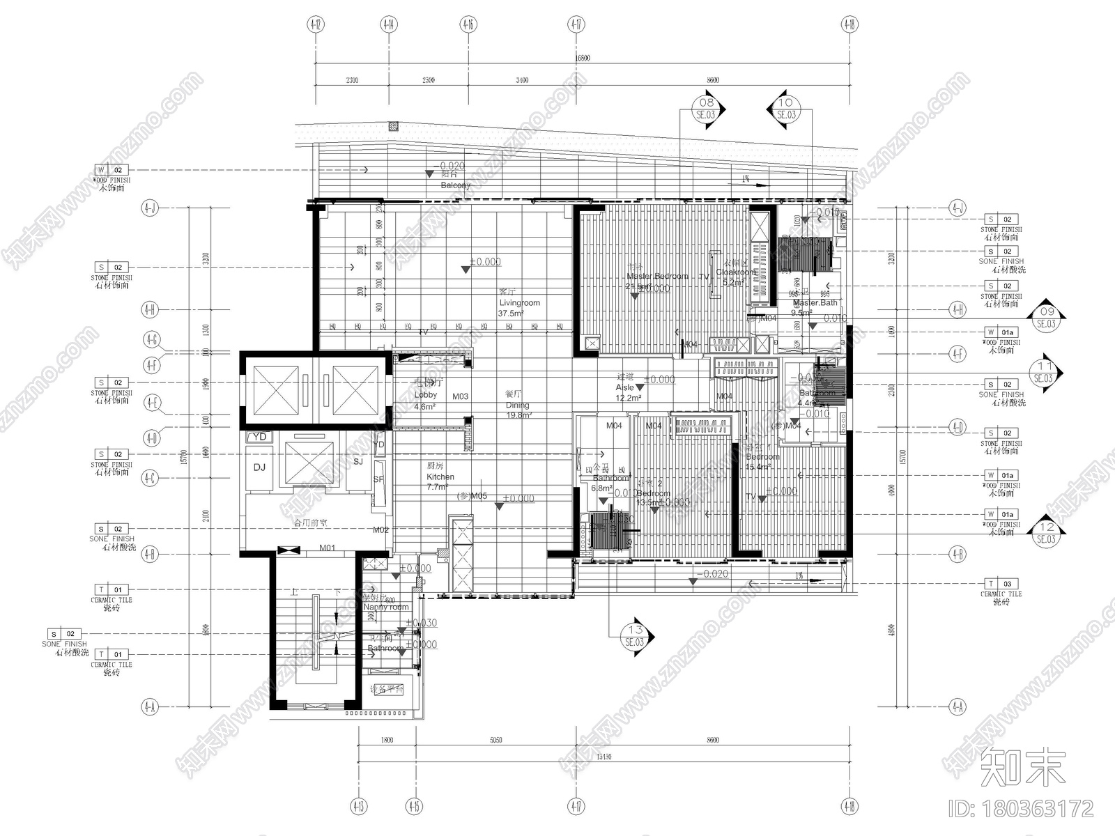 [深圳]217㎡现代三居家装样板间装修施工图施工图下载【ID:180363172】