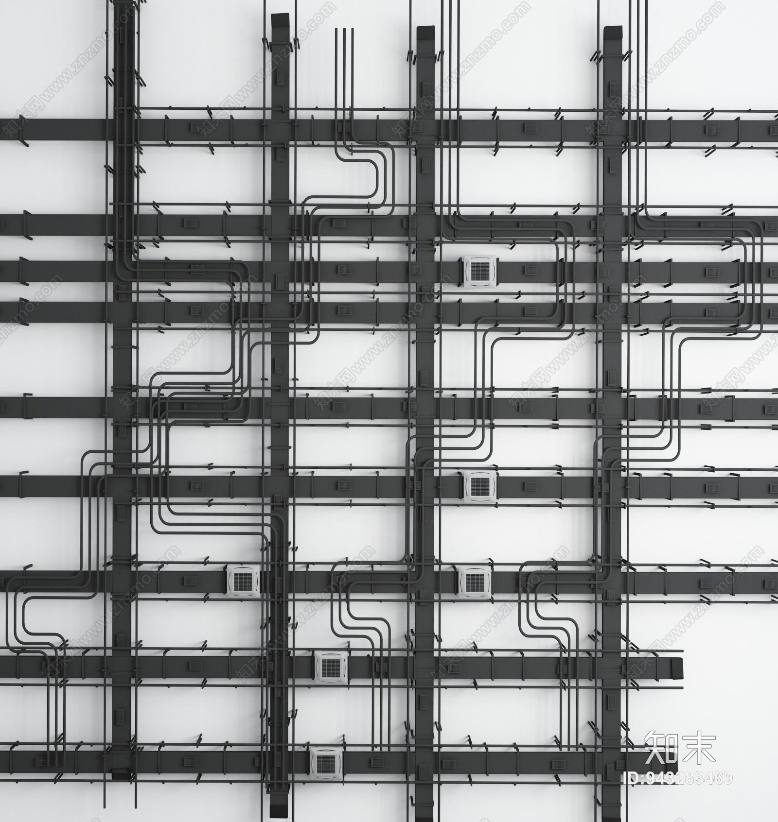 现代工业通风管道消防烟感器喷淋中央空调组合3D模型下载【ID:943283469】