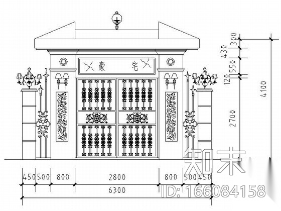 某豪华别墅亭铁艺大门CAD方案图cad施工图下载【ID:166084158】