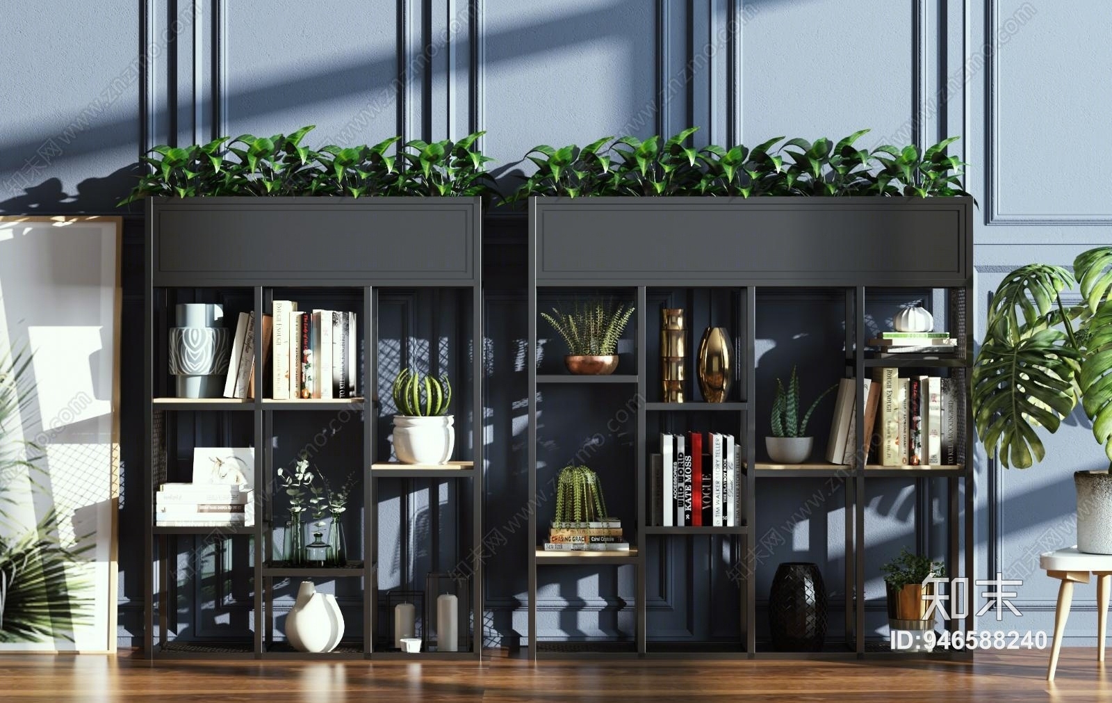 工业风铁艺屏风隔断装饰柜组合3D模型下载【ID:946588240】