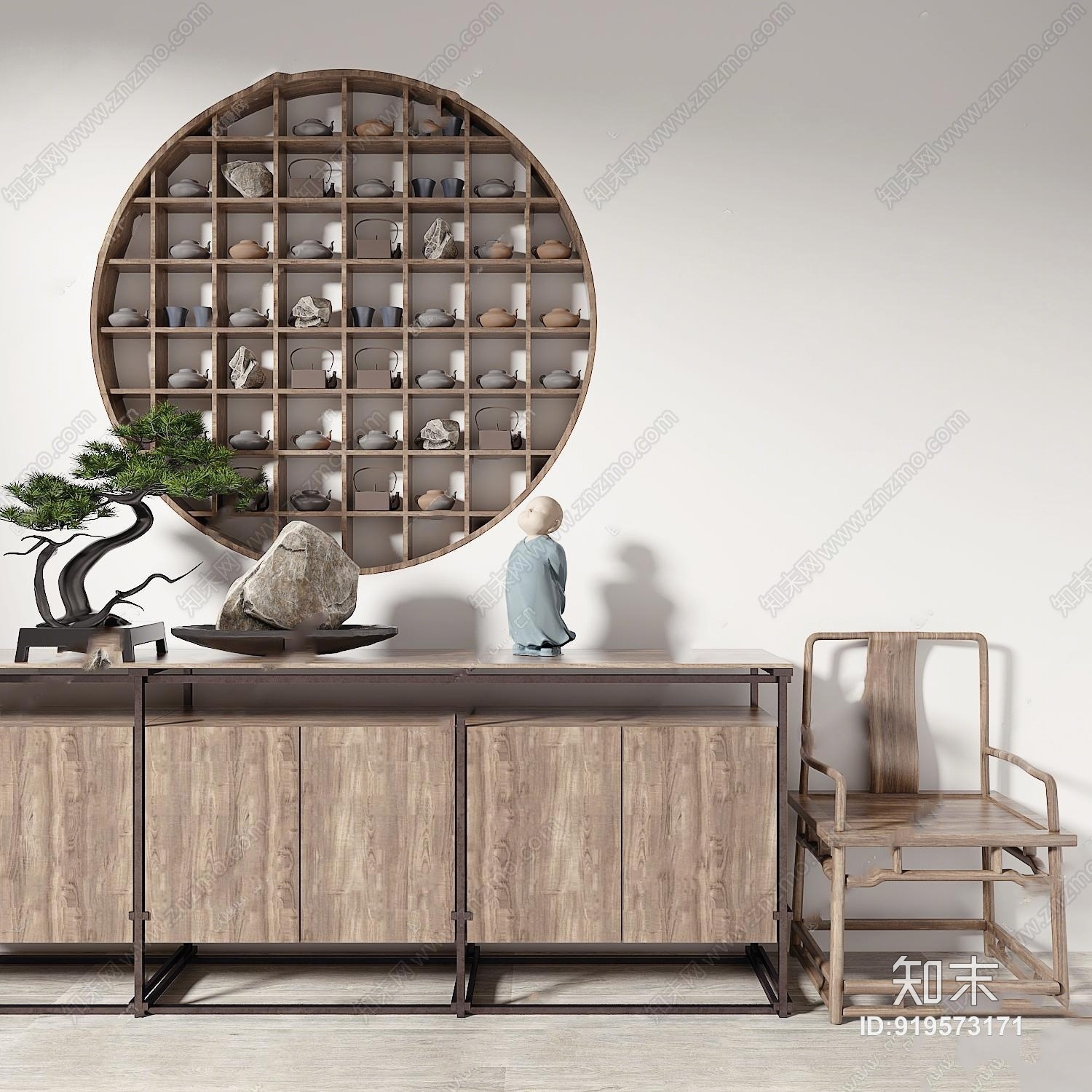 新中式端景柜单椅盆景装饰架组合3D模型下载【ID:919573171】