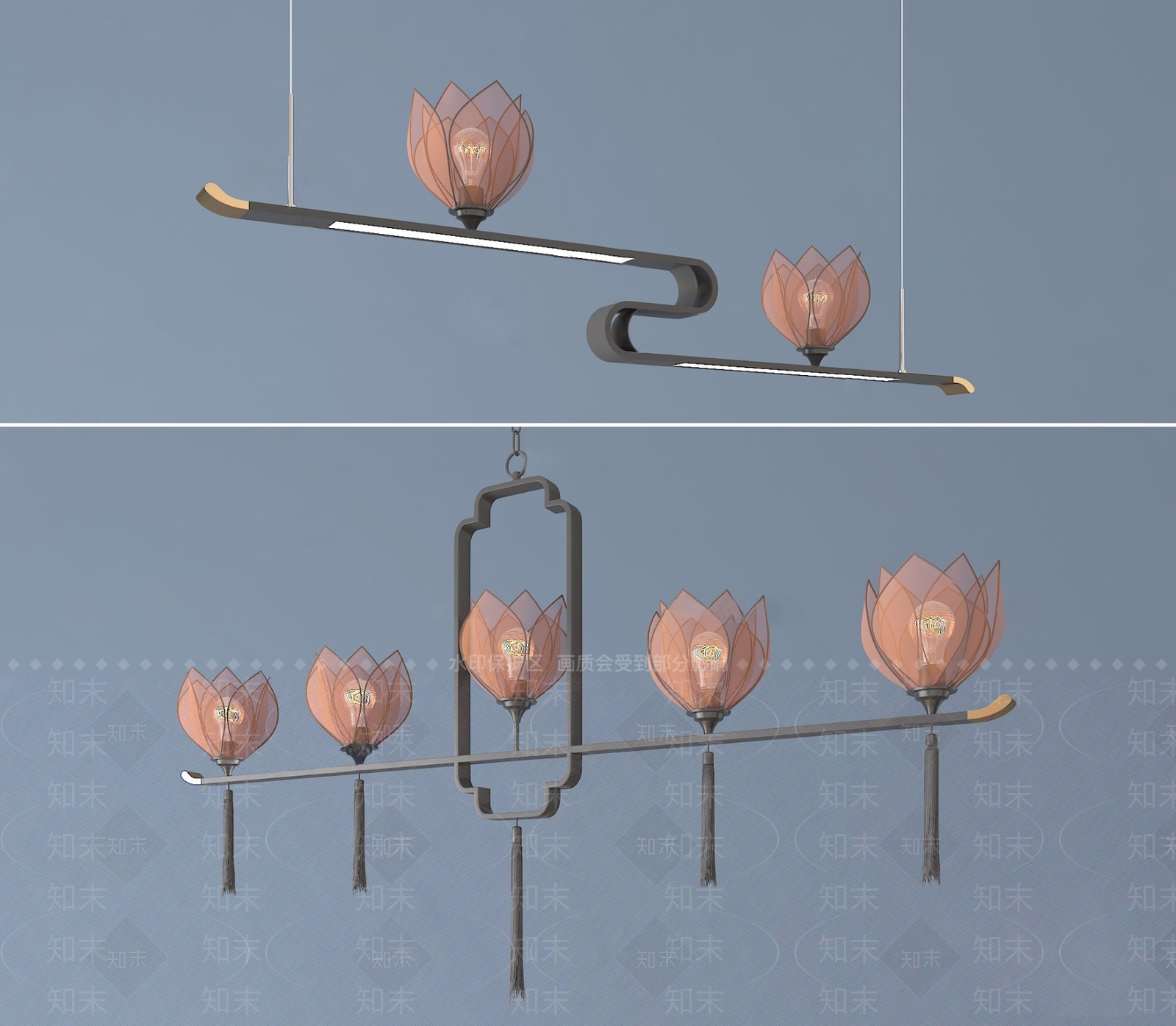 新中式禅意莲花吊灯3D模型下载【ID:888416068】