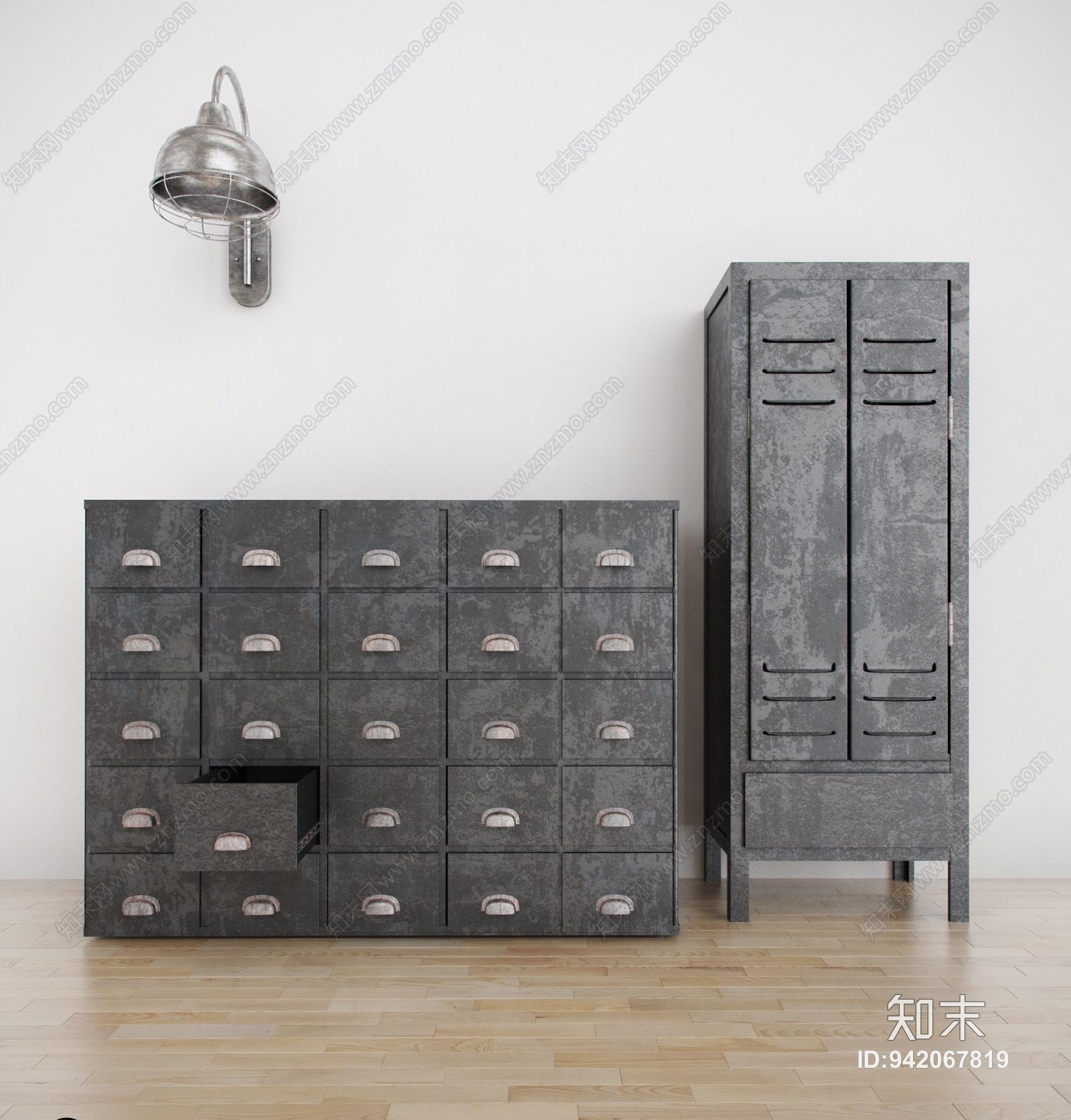 工业风壁灯实木边柜3D模型下载【ID:942067819】