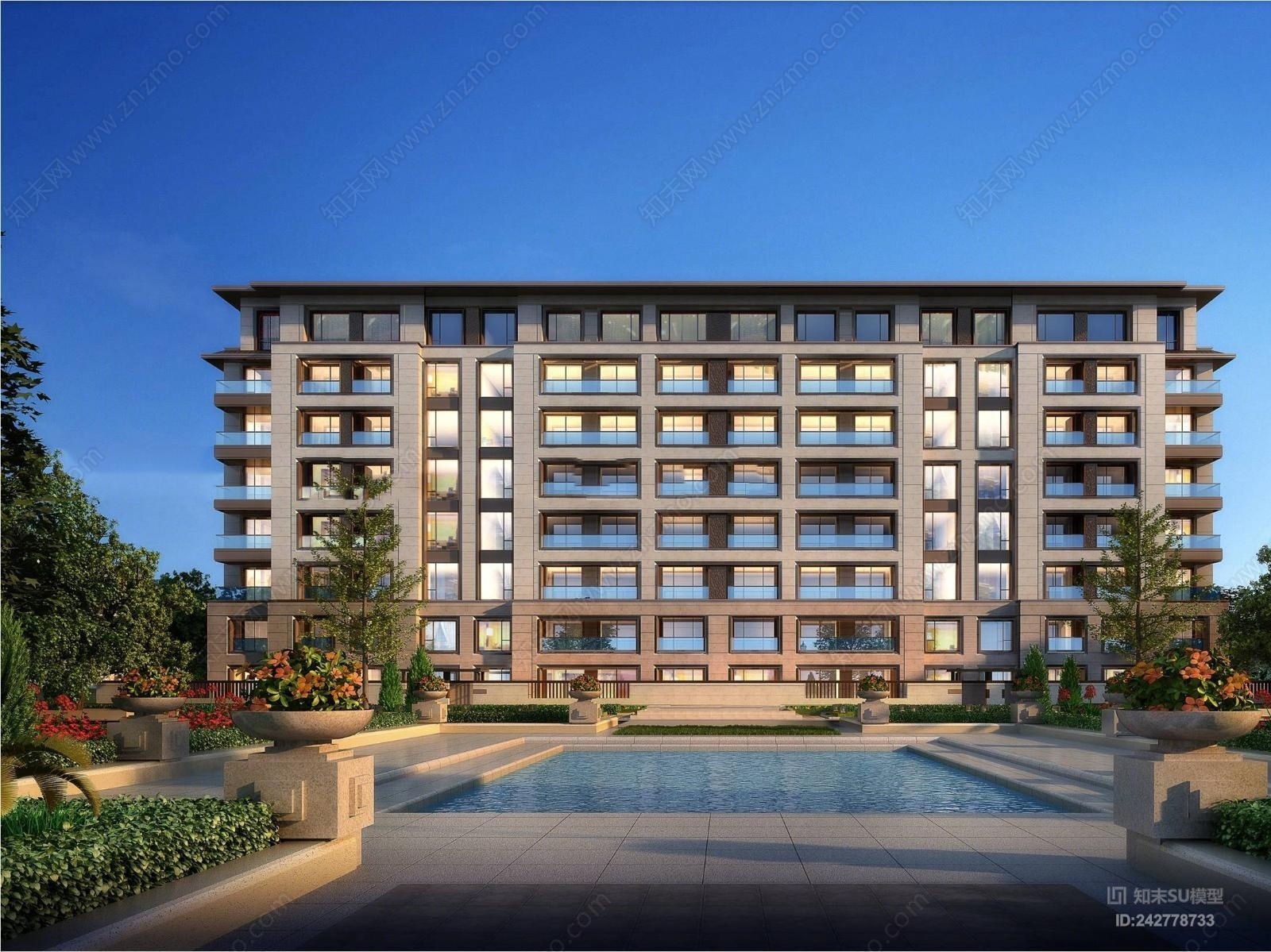 现代风格高层住宅SU模型下载【ID:242778733】