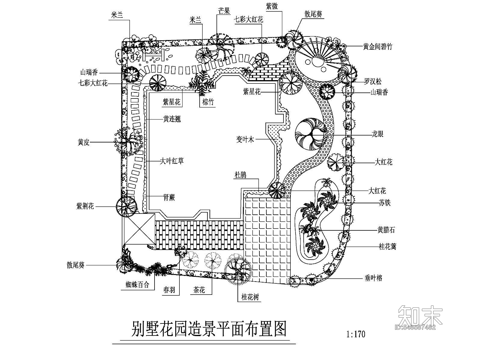 别墅花园造景平面布置图cad施工图下载【ID:548587482】