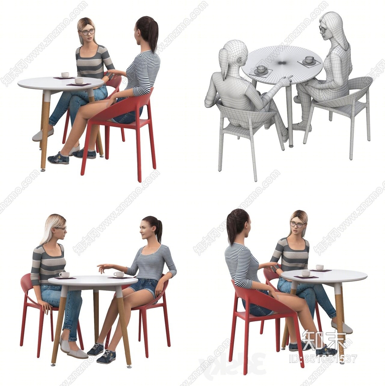 北欧圆形桌椅坐姿人3D模型下载【ID:651051537】