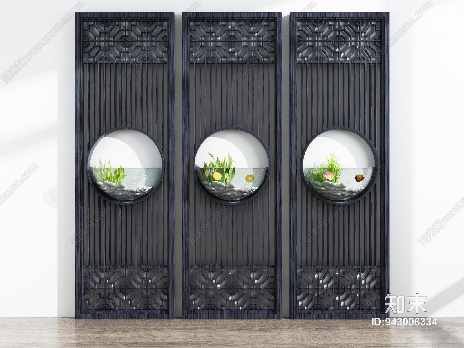 新中式花格屏风鱼缸隔断3D模型下载【ID:943006334】