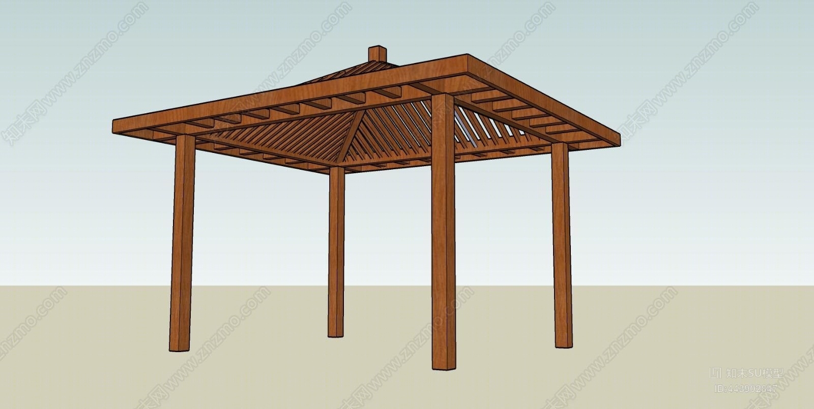 中式防腐木景观亭SU模型下载【ID:443902847】