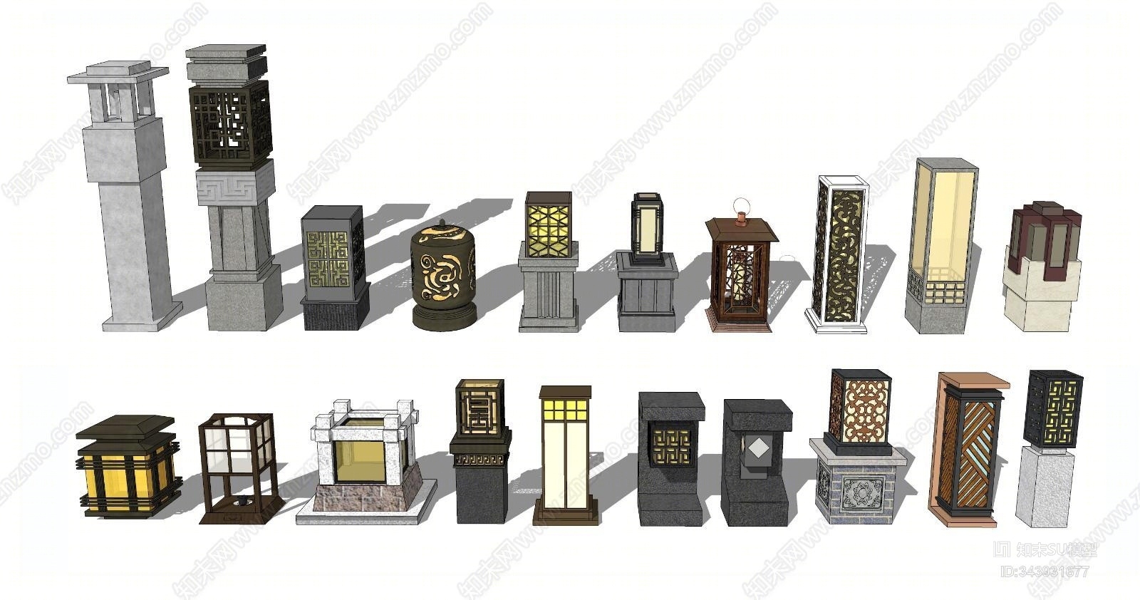 中式草坪景观灯SU模型下载【ID:343931677】