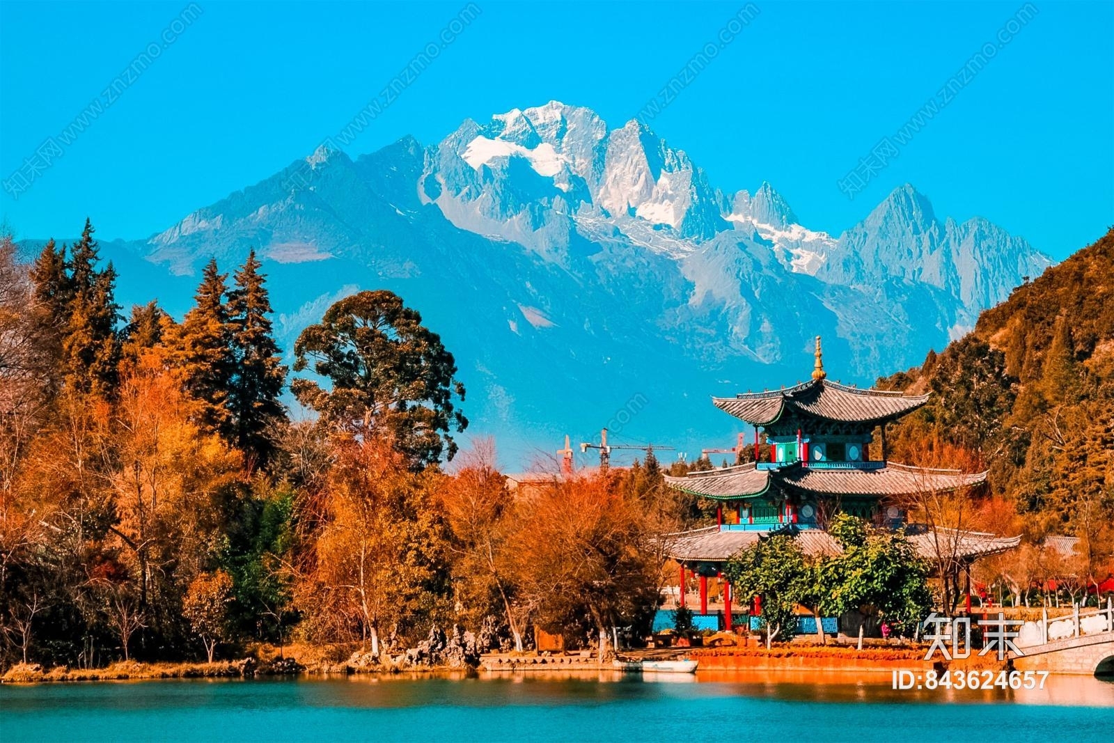 晴空下的亭子和雪山HDR贴图下载【ID:843624657】