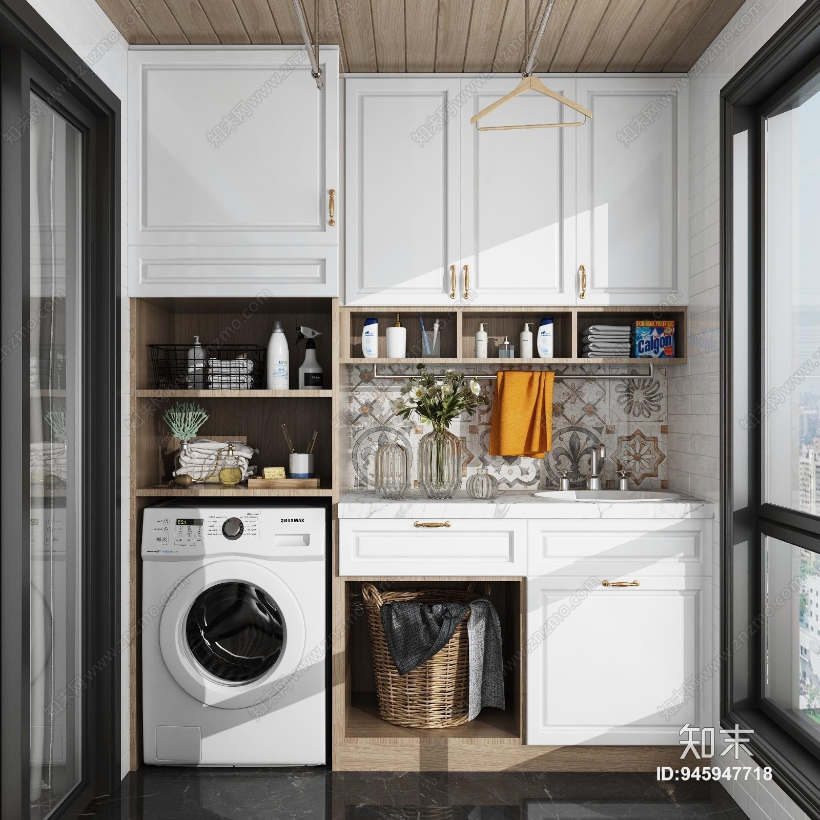 现代阳台洗衣机储物柜组合3D模型下载【ID:945947718】