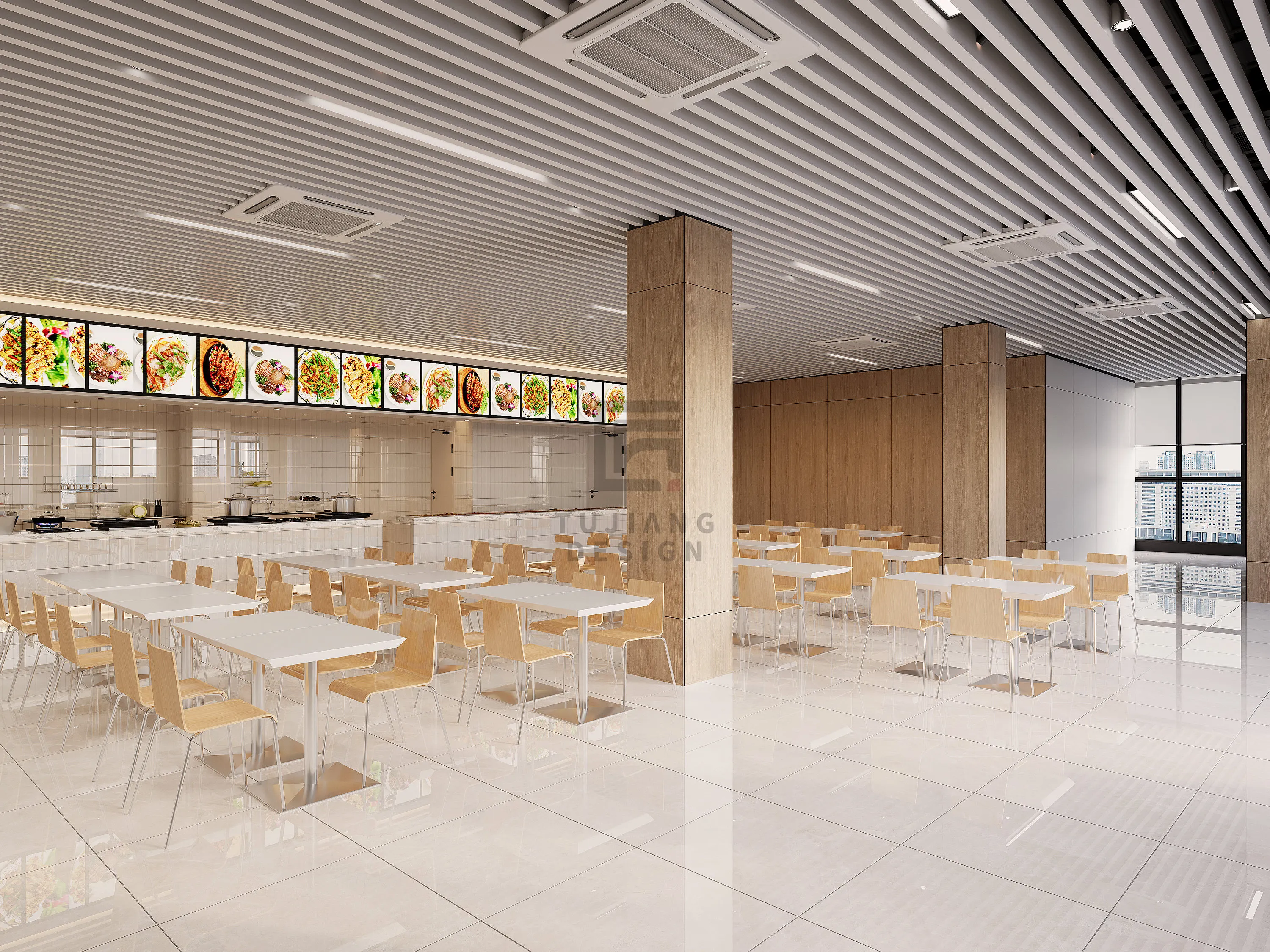 现代原木风食堂餐厅设计 效果图欣赏_【知末效果图】
