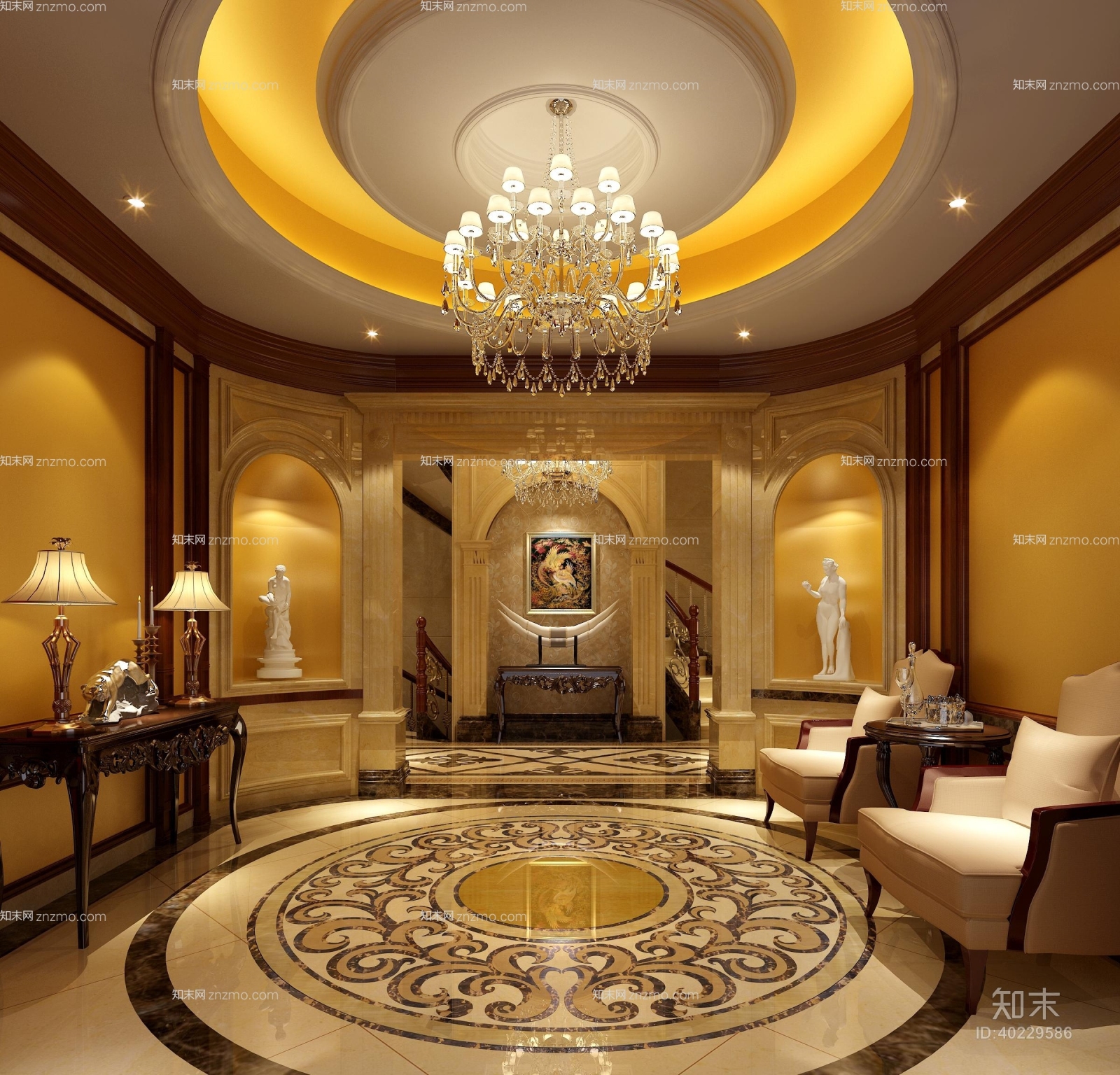 经典欧式金色酒店玄关过道3D模型下载【ID:40229586】