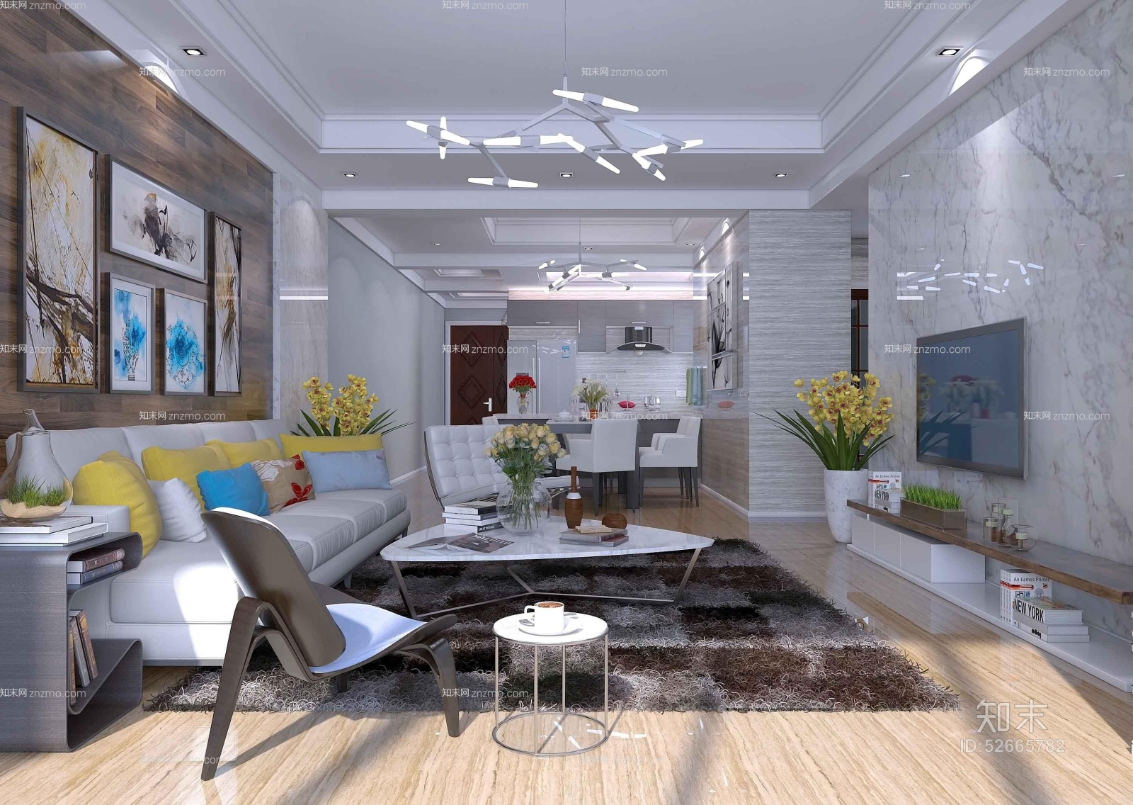 现代白色金属吊灯3D模型下载【ID:52665782】