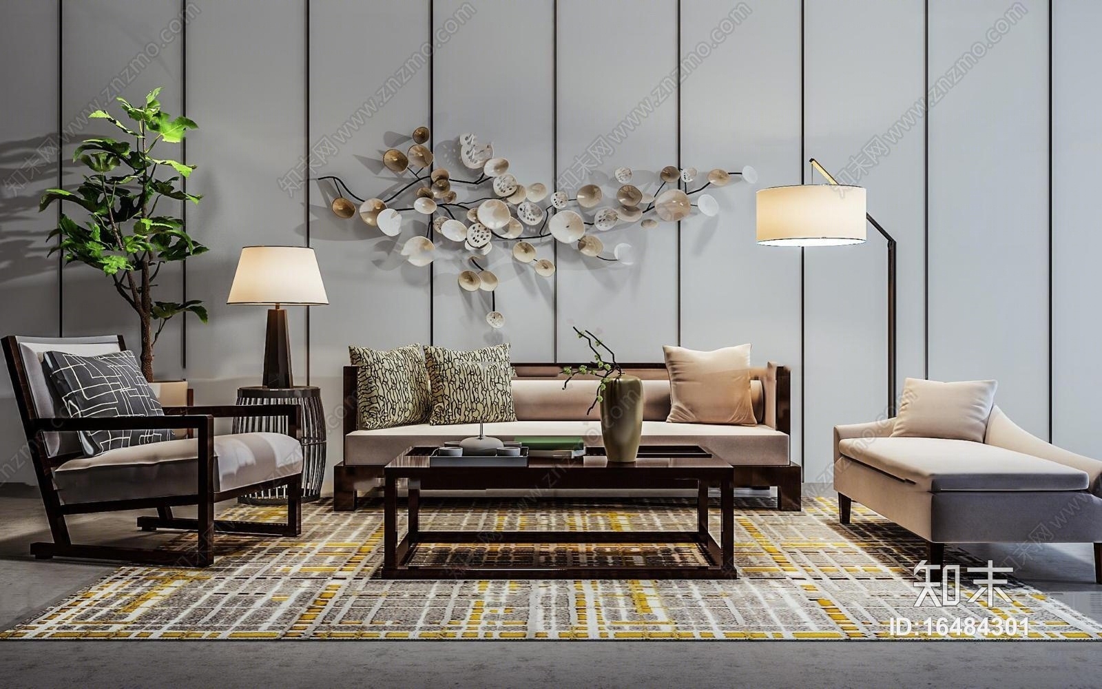 中式实木沙发茶几3D模型下载【ID:16484301】