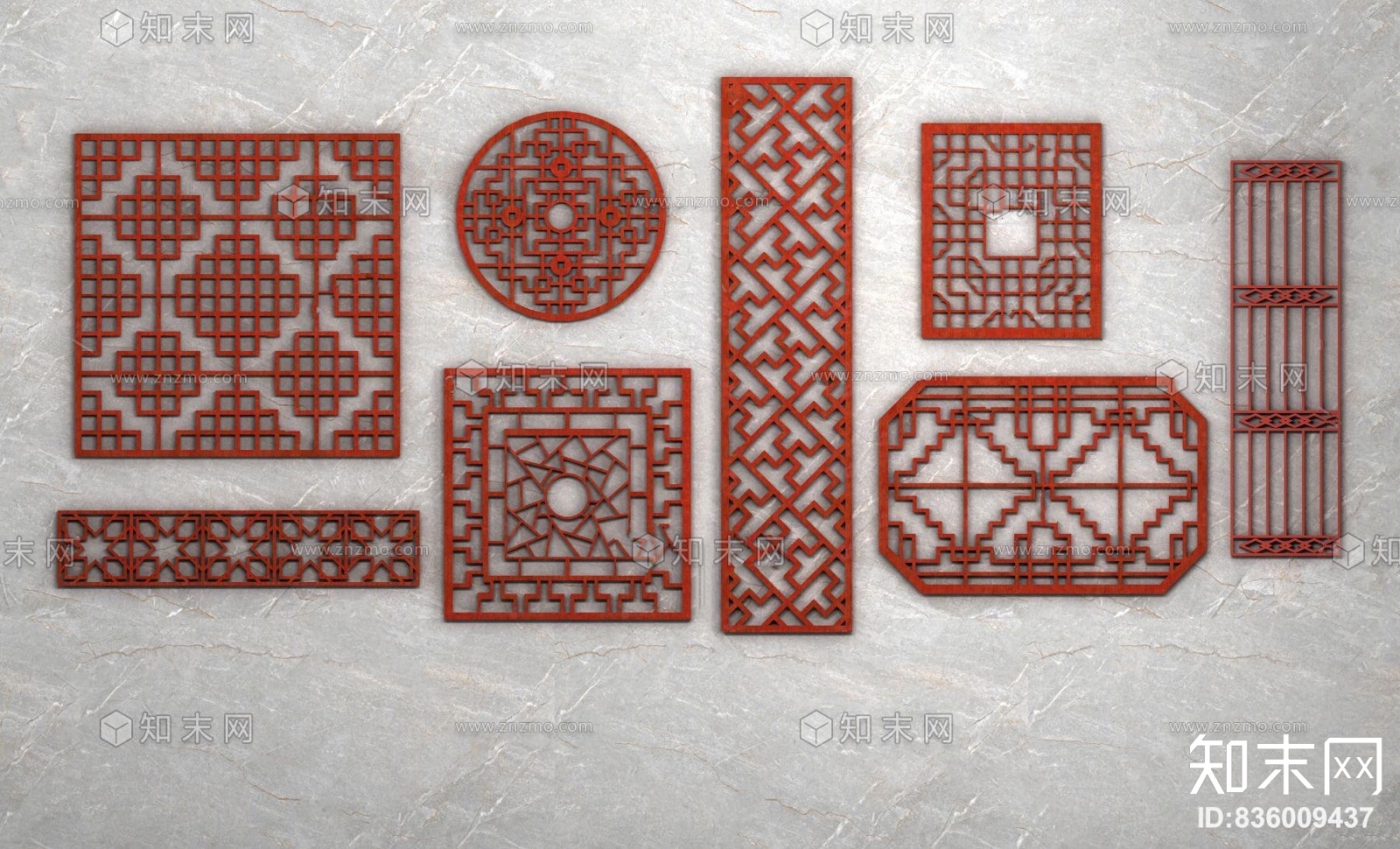 中式木雕花格窗花屏风3D模型下载【ID:836009437】