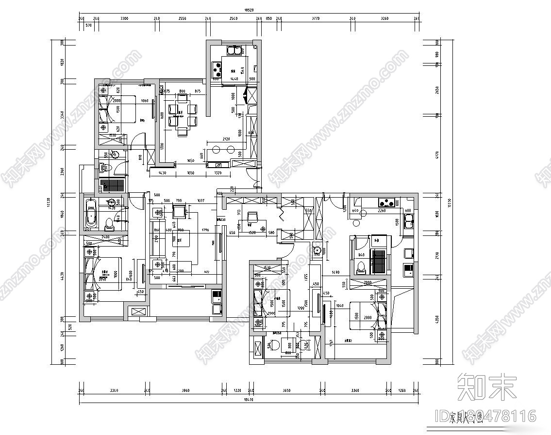 新中式风格210㎡平层公寓装修施工图设计cad施工图下载【ID:180478116】