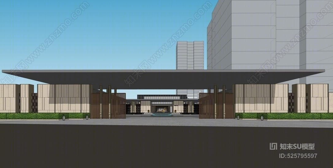 现代中式售楼部景观SU模型下载【ID:525795597】
