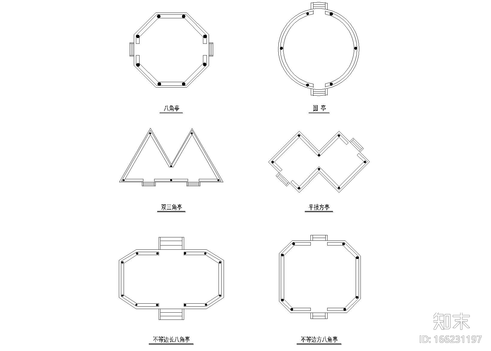各式亭平面建筑图块_CAD施工图下载【ID:166231197】