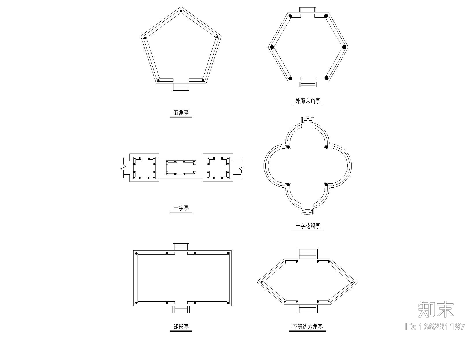 各式亭平面建筑图块_CAD施工图下载【ID:166231197】