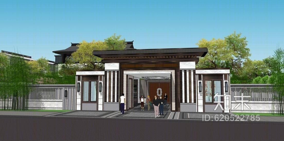中式售楼部示范区景观SU模型下载【ID:620522785】