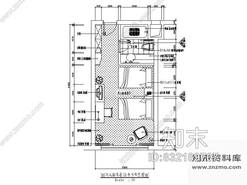双人标准客房cad施工图下载【ID:832189707】