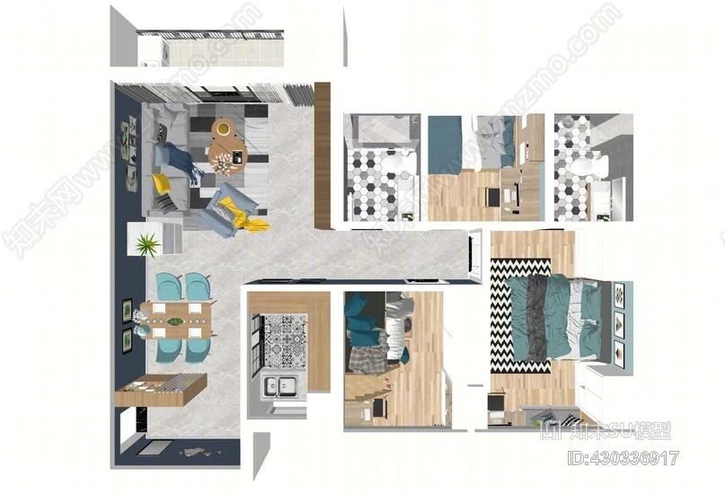 北欧风格三房两厅室内设计SU模型下载【ID:430336917】