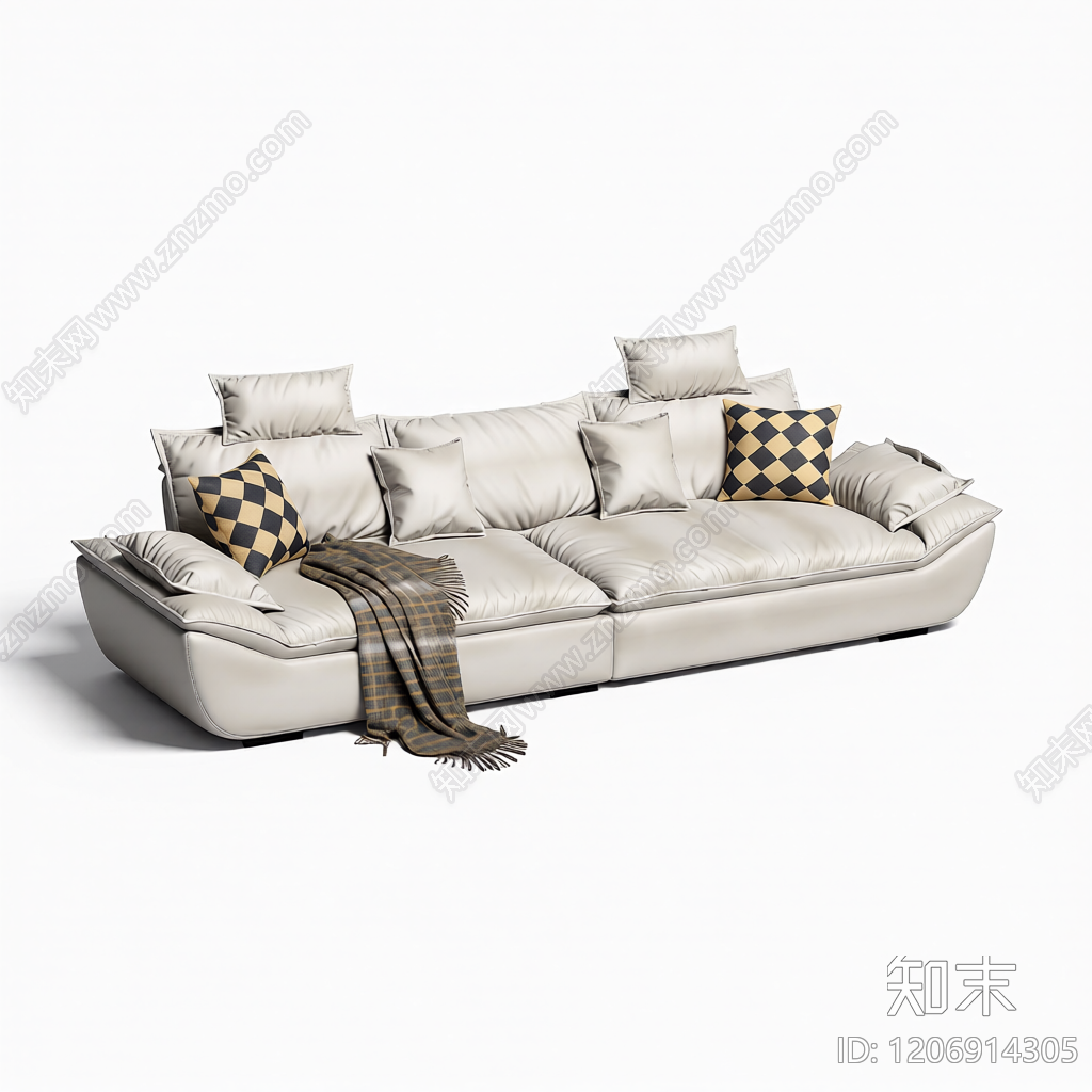L型沙发带抱枕毯3D模型下载【ID:1206914305】