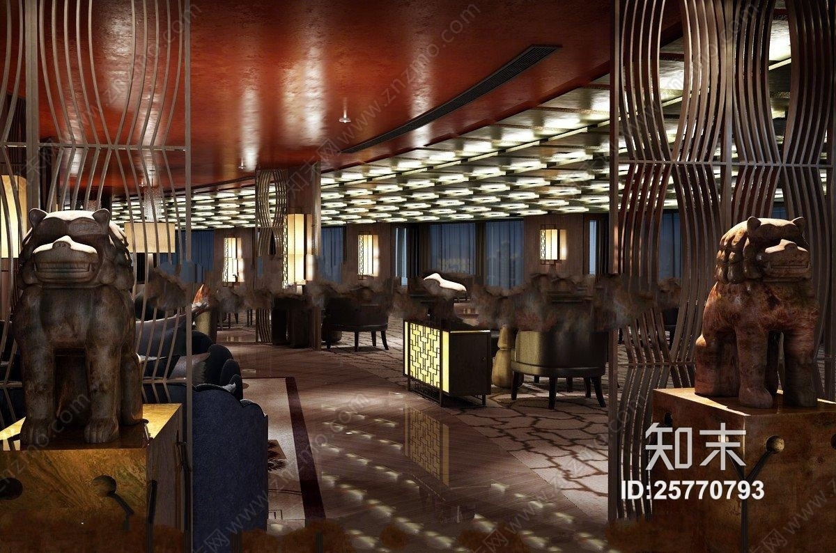 新中式酒店餐饮空间3D模型下载【ID:25770793】