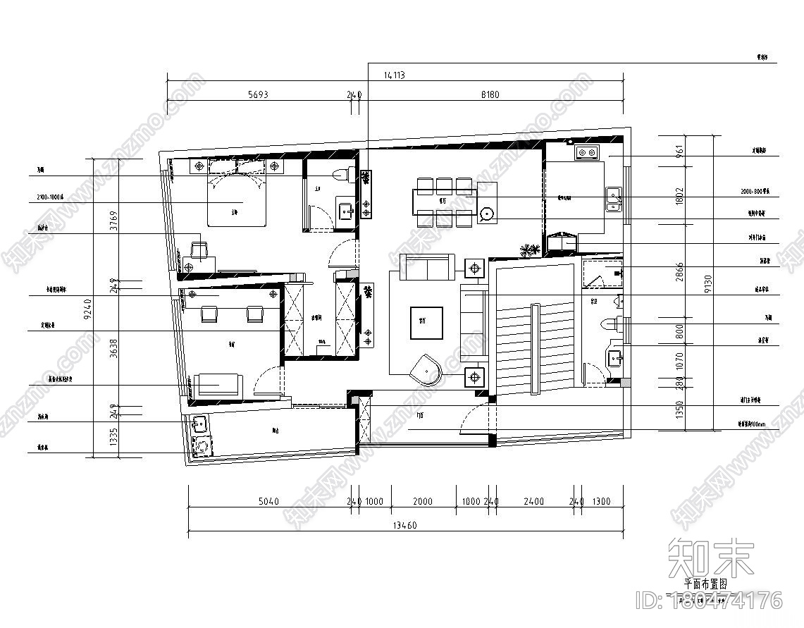 现代简约㎡1202室2厅2卫住宅装修施工图设计cad施工图下载【ID:180474176】