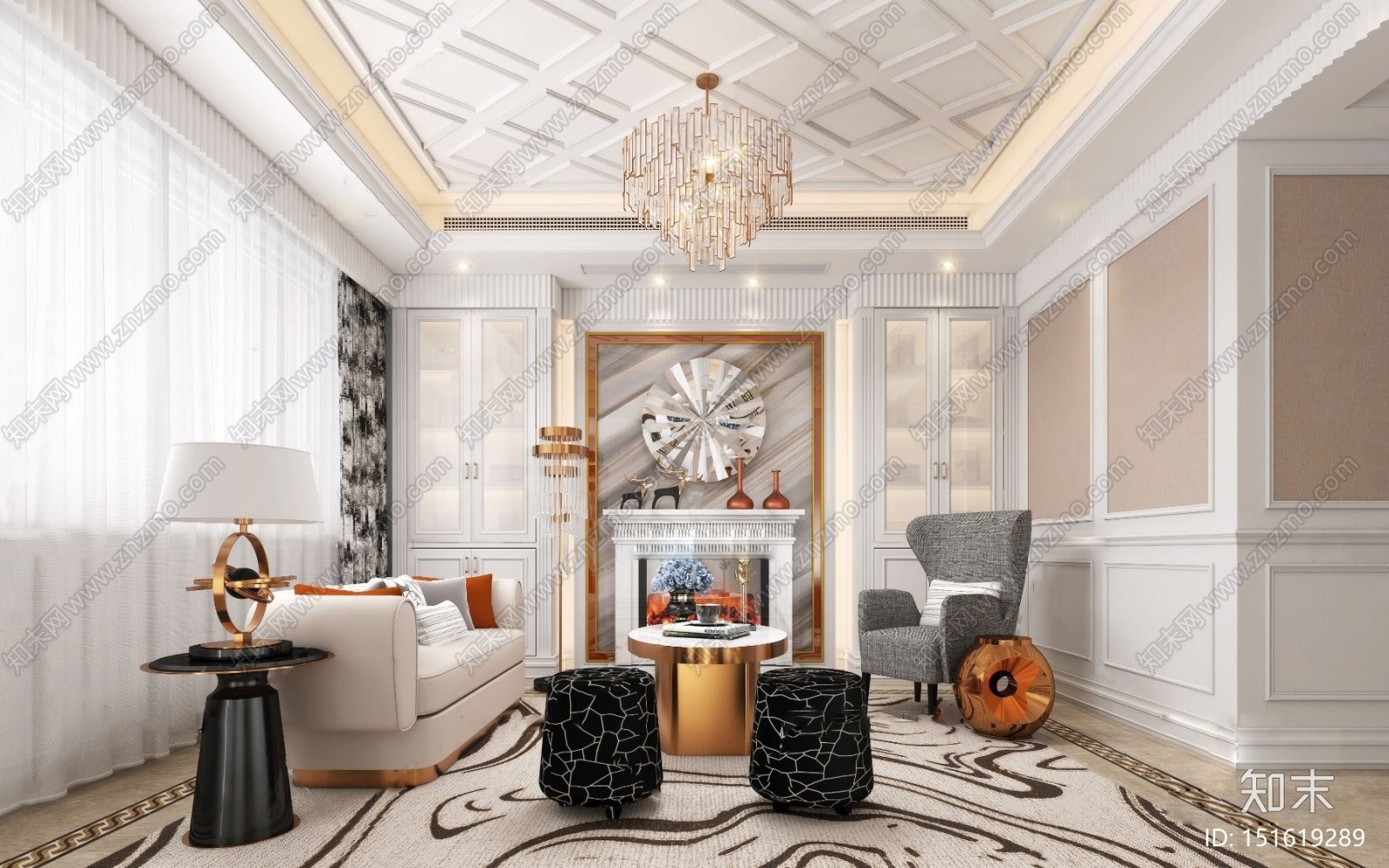 大铄设计简欧轻奢客厅3D模型下载【ID:151619289】_知末3d模型网