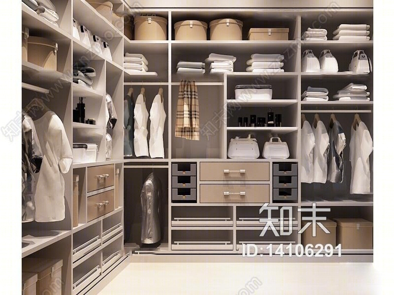 现代衣帽间衣柜衣服鞋包组合3D模型下载【ID:14106291】