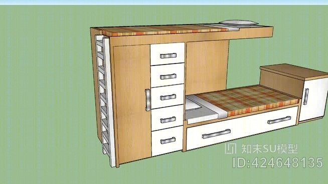双层床、毯子、枕头、衣橱、床头柜、床头柜、抽屉、楼梯SU模型下载【ID:424648135】