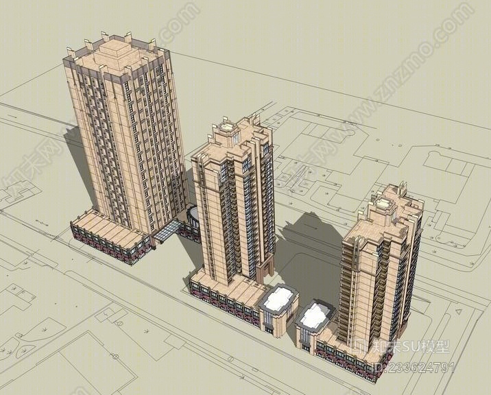 现代高层住宅+裙房SU模型下载【ID:233624791】