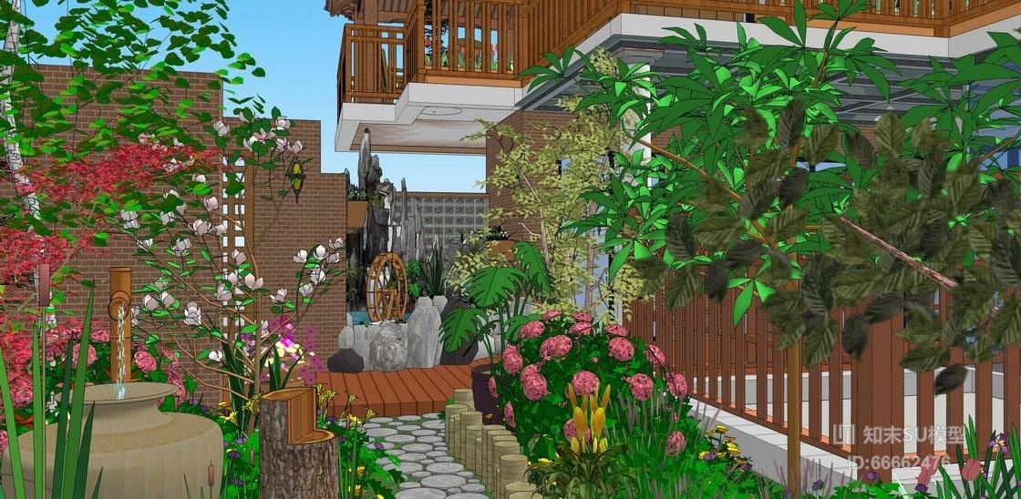 别墅庭院花园模景观SU模型下载【ID:66662476】