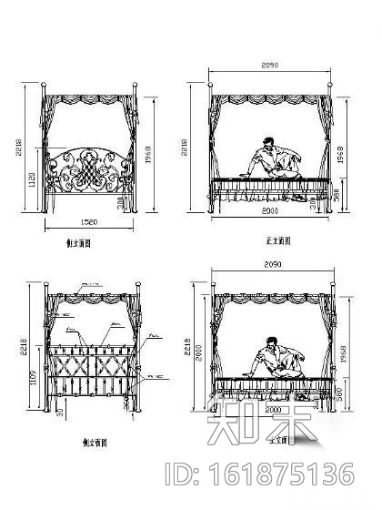 优雅铁艺床立面图块cad施工图下载【ID:161875136】