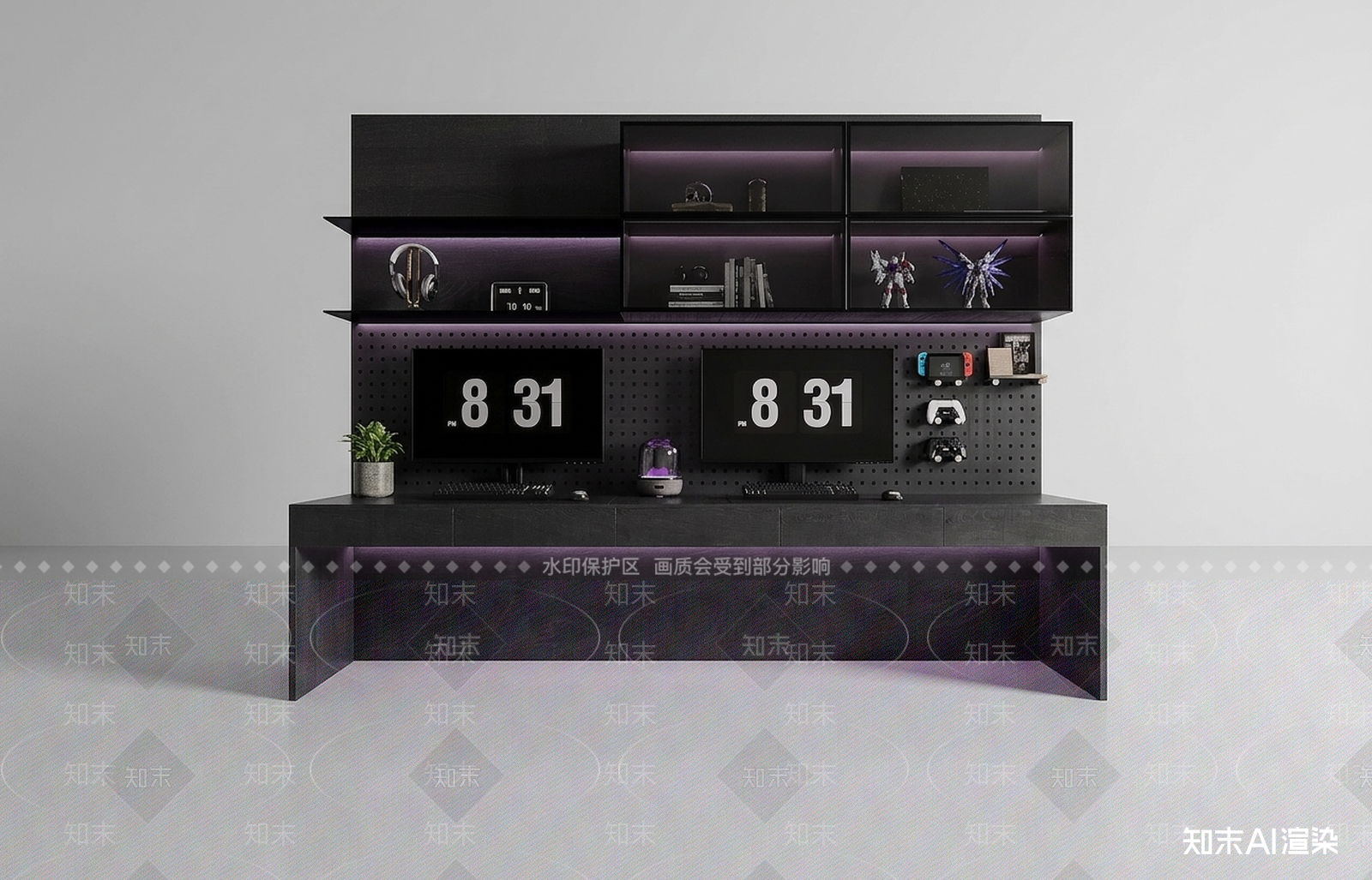 一体式办公书桌（含上方储物吊柜）办公桌3D模型下载【ID:1227503531】