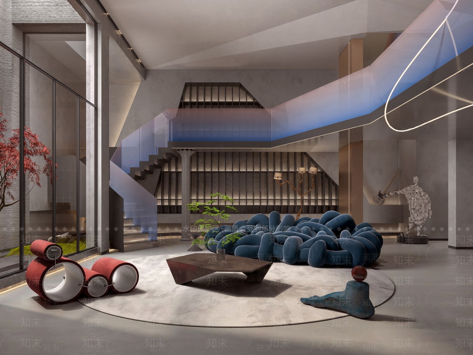 现代挑高别墅客厅3D模型下载【ID:1112824240】